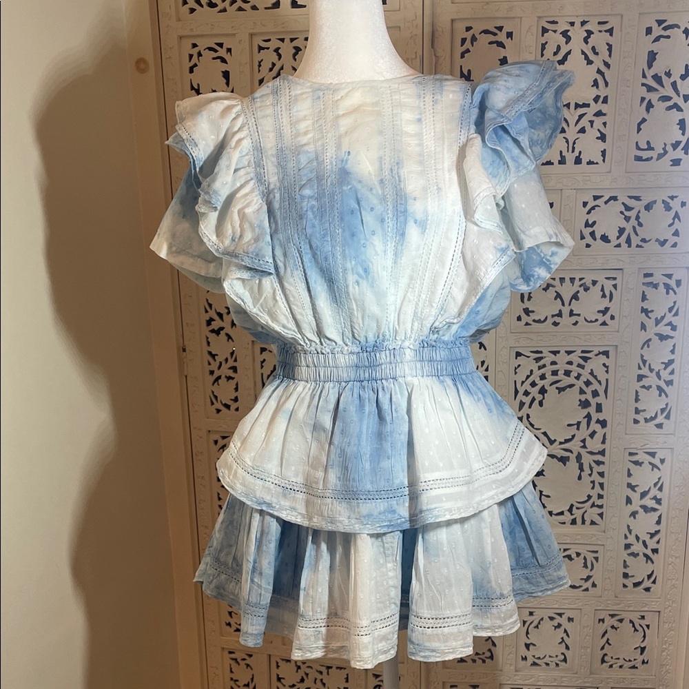 LoveShackFancy Blue and White Tie-Dye Ruffle Dress